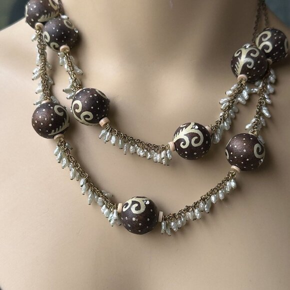 VTG Boho Chic Statement Necklace Beaded Rhinestones Mini Baroque Pearl 18" - Picture 3 of 9